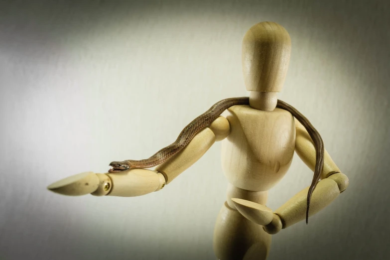 a wooden mannequin with a snake on his arm, unsplash, figuration libre, stop motion vinyl action figure, contorted limbs, dynamic action shot, photo-shopped