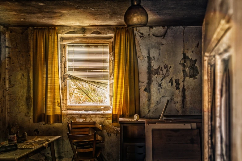 a room filled with furniture and a window, by Mathias Kollros, pexels, realism, dilapidated house, golden glow, blind, detailed lighting and textures