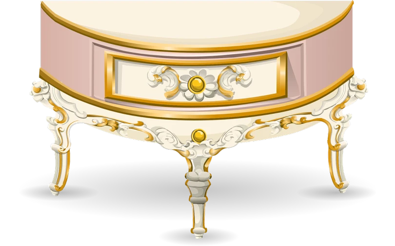 a table with a mirror on top of it, an illustration of, rococo, sharp high detail illustration, on a flat color black background, pink and gold, extremely detailed furnitures