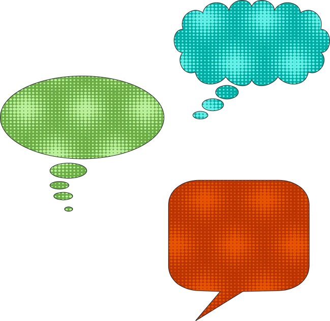 three different colored speech bubbles on a black background, ascii art, halftone dots, sienna, flash photo, version 3