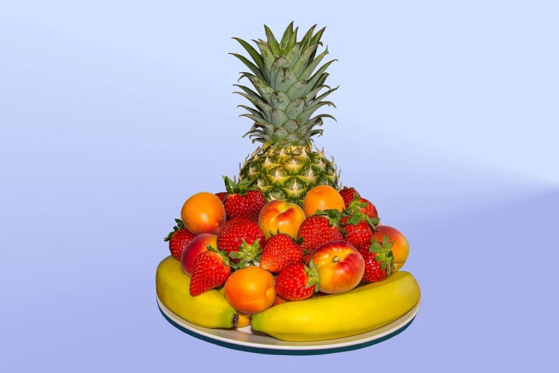 a close up of a plate of fruit with a pineapple, a still life, by Adam Manyoki, shutterstock, highly detailed product photo, banal object on a pedestal, detailed product photo, highly detailed picture