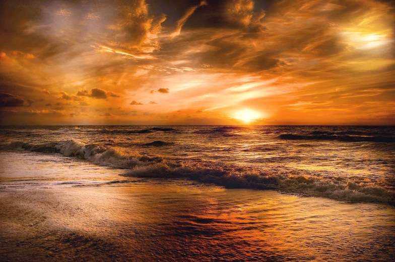 the sun is setting over the ocean on the beach, a picture, by Kurt Roesch, warm saturatured colors, amazing wallpaper, liquid gold, stunningly detailed