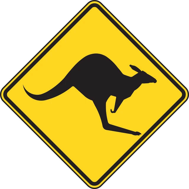 a yellow kangaroo crossing sign on a black background, an illustration of, hurufiyya, illustration, college, border, an illustration