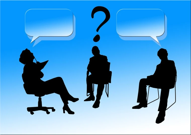 a group of people sitting in chairs with speech bubbles above them, by David Burton-Richardson, pixabay, two people, giving an interview, mystery, sitting in office