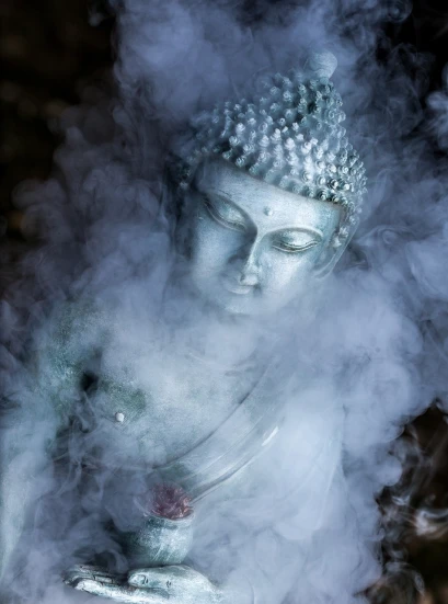a close up of a statue with smoke coming out of it, a portrait, the buddha, silver mist, translucent body, freezing