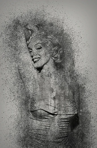 a black and white photograph of a woman's face, a pointillism painting, inspired by Marilyn Bendell, pexels, kinetic pointillism, flour dust spray, his arms spread, smiling seductively, concrete art style