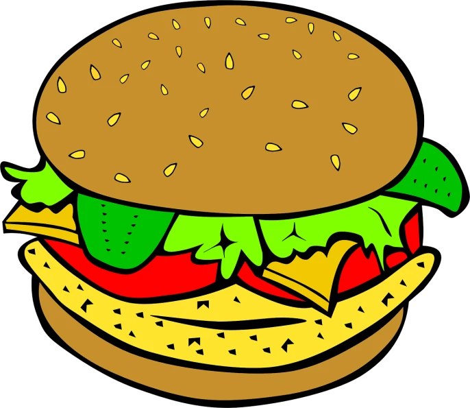 a hamburger with lettuce, tomato and cheese, pixabay, pop art, voluptuous sesame seed bun, on a flat color black background, dinner is served, picnic
