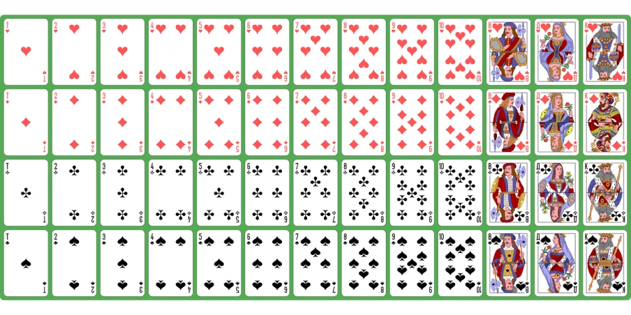 a bunch of playing cards sitting on top of each other, dau-al-set, full page grid sprite sheet, simple stylized, red green white black, three fourths view