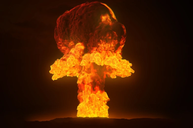 a nuclear explosion on a black background, shutterstock, nuclear art, burning man nevada, octane render w 1024, demolition, huge nuclear mushroom cloud