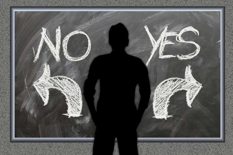 a person standing in front of a blackboard with no yes written on it, a picture, by Kurt Roesch, pixabay, excessivism, two men, no - text no - logo, no horns, changeless