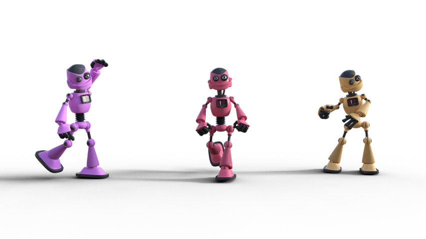 a group of toy robots standing next to each other, inspired by Theodore Major, trending on polycount, pink, various action poses, five nights at freddys, abstract claymation