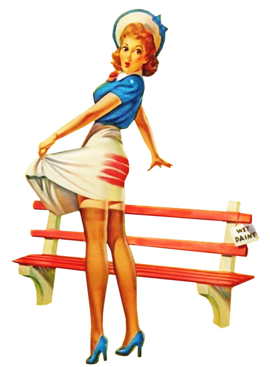 a pinup girl is sitting on a bench, digital art, flickr, standing with her back to us, slam dancing, dunce, wallpaper - 1 0 2 4