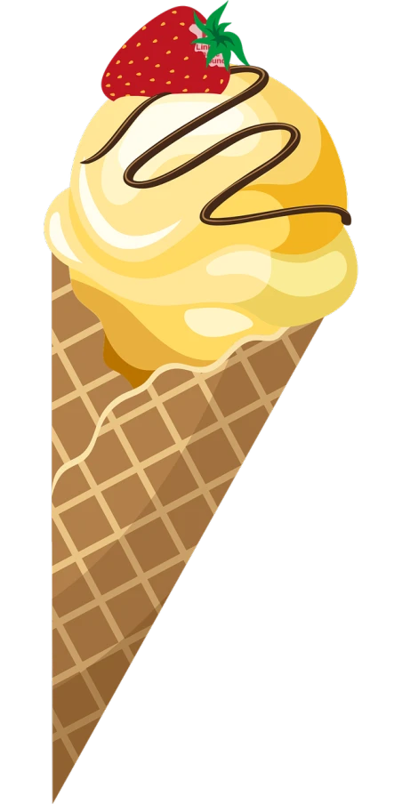 an ice cream cone with a strawberry on top, vector art, by Zoran Mušič, pixabay, conceptual art, black. yellow, long thick shiny gold beak, blonde cream, wafflehouse