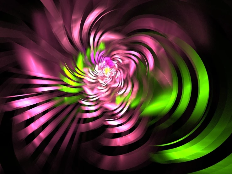 a purple and green spiral design on a black background, digital art, abstract illusionism, pink flower, hyper liminal photo