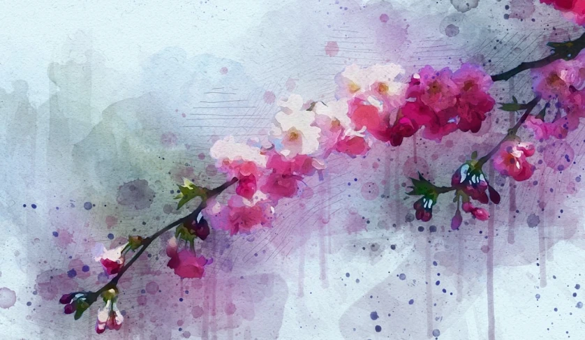 a watercolor painting of pink flowers on a branch, a watercolor painting, inspired by Julian Schnabel, trending on pixabay, mixed media style illustration, atmospheric. digital painting, plum blossom, a beautiful artwork illustration