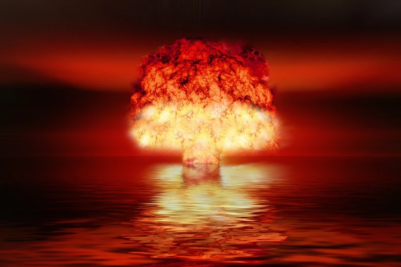 a nuclear explosion over a body of water, a picture, by James Warhola, shutterstock, nuclear art, red sea, explosion of flowers, anger, there will be blood