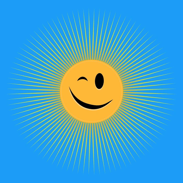 a yellow smiley face on a blue background, an illustration of, inspired by Sun Long, rayonism, sunbathing. illustration