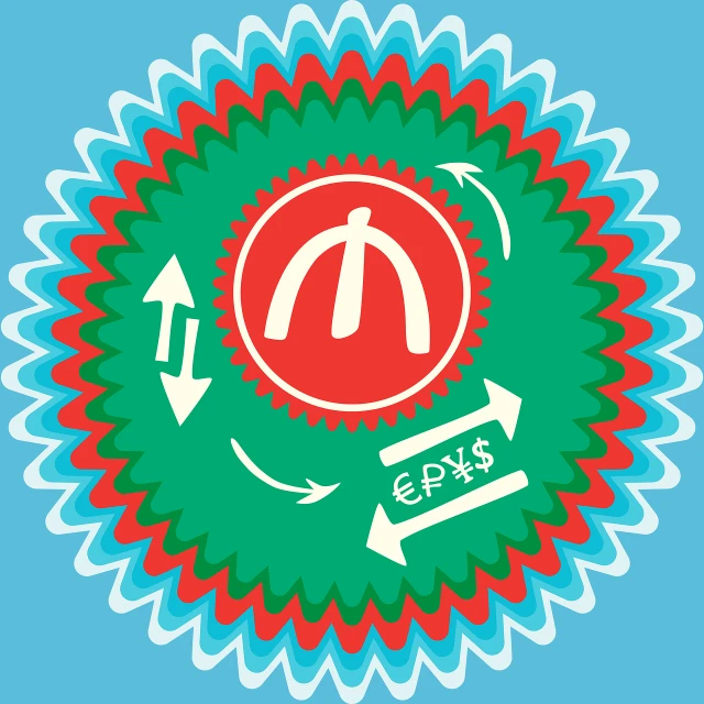 a red and green logo on a blue background, an illustration of, inspired by Shūbun Tenshō, mingei, enso, forks, shurikens, emergency