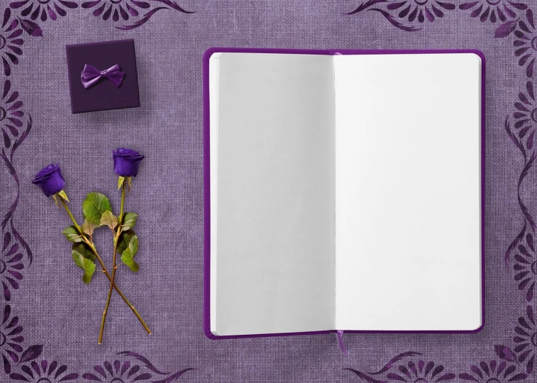 an open book sitting on top of a purple table, romanticism, card template, linen, notebook, rose background