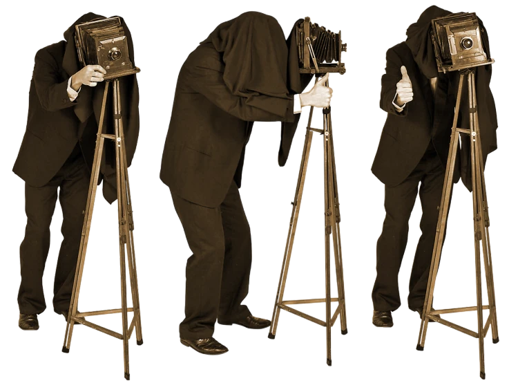 a man standing next to a camera on a tripod, a colorized photo, inspired by August Sander, pixabay, multiple poses, distorted pose, victorian photo, photo booth