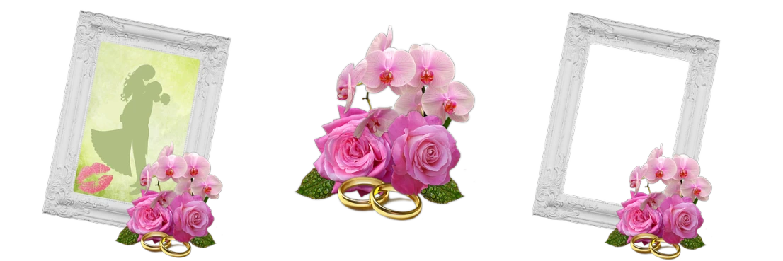 a bunch of pink flowers sitting in front of a picture frame, a digital rendering, by Valentine Hugo, pixabay, romanticism, gold rings, with a black background, bride and groom, orchid