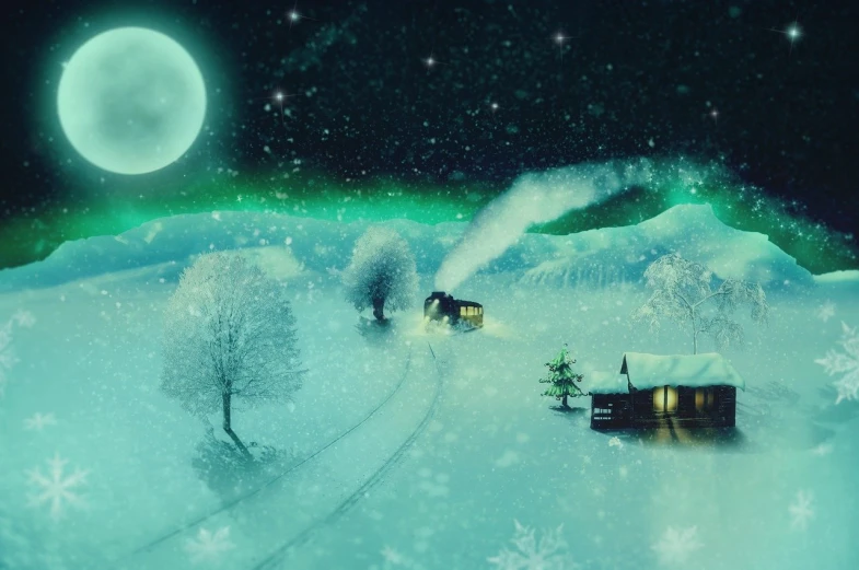 a small cabin on a snowy hill under a full moon, a matte painting, inspired by George Luks, digital art, polar express, beautiful composition 3 - d 4 k, dsrl photo, northern lights