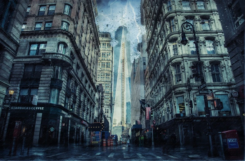 a city street filled with lots of tall buildings, digital art, by Rudolph Belarski, shutterstock, digital art, glass obelisk of the void, stormy day, manhattan, thunder