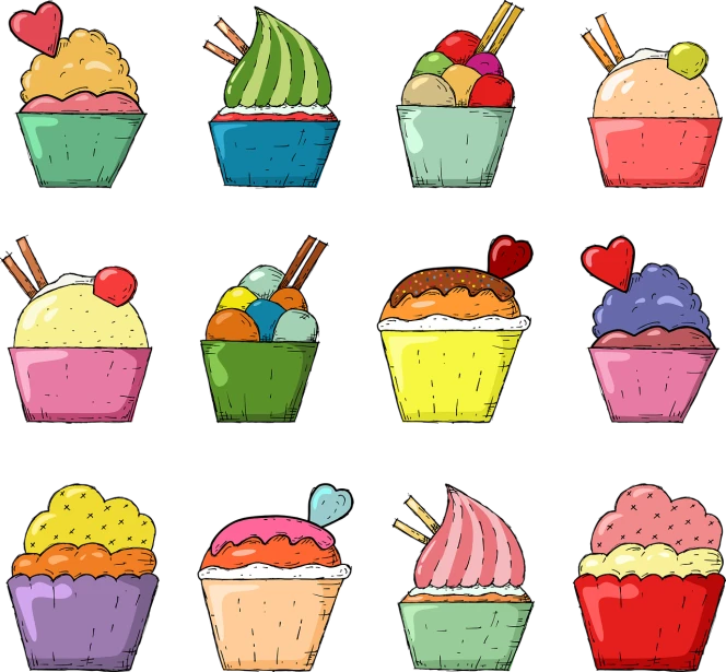 a bunch of cupcakes with different toppings, inspired by Wayne Thiebaud, shutterstock, pop art, black color, ice cream, japanese cartoon style, bowl
