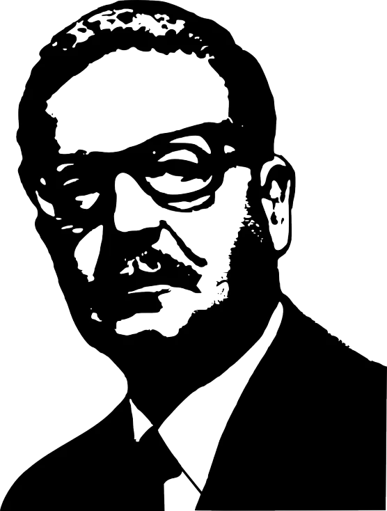 a black and white drawing of a man in a suit and tie, inspired by Ettore Tito, pixabay, serial art, with glasses and goatee, black stencil, louis kahn, stalin