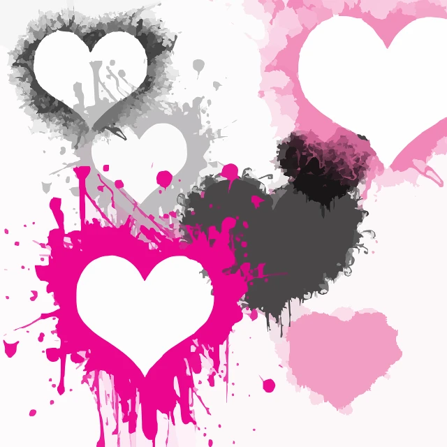 a couple of hearts are splattered with paint, vector art, graffiti, white and pink, black and white vector, some grungy markings, vector