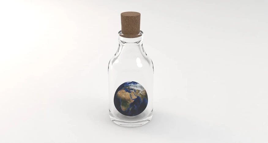 a bottle with a picture of the earth inside of it, a picture, conceptual art, product introduction photo