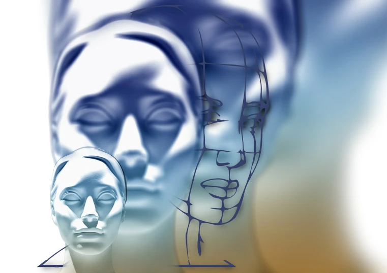 a drawing of a woman's face and a man's head, a digital rendering, trending on cg society, digital art, golden ratio background, on a mannequin. high resolution, anthropology photo”, spiritual abstract forms