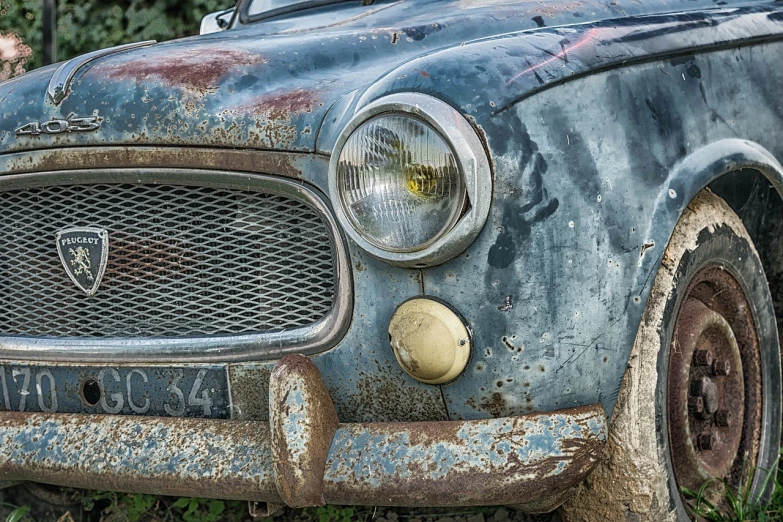 an old car that is sitting in the grass, a portrait, by Hans Schwarz, flickr, face detail, great textures and lighting, very round headlights, dull flaking paint