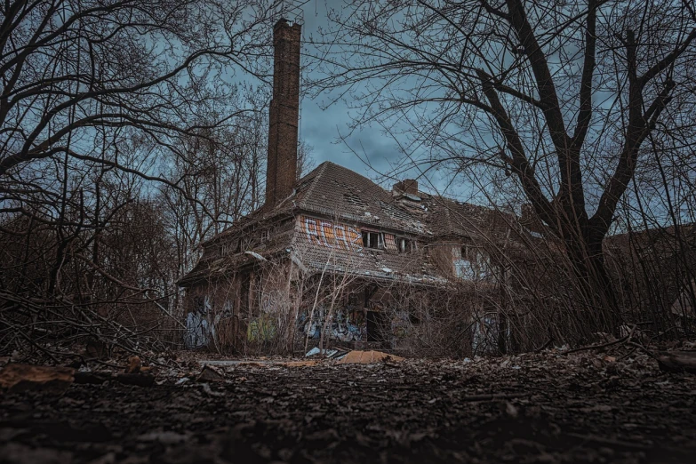 a house sitting in the middle of a forest, a colorized photo, by Andrew Domachowski, shutterstock, barbizon school, dark abandoned city streets, wide angle shot 4 k hdr, mansion, shot from a low angle