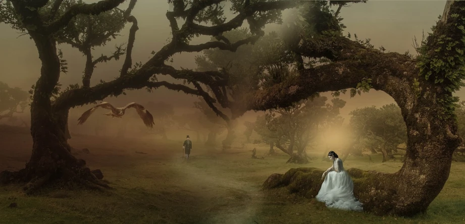 a woman in a white dress standing next to a tree, a matte painting, inspired by Rudy Siswanto, misty ominous atmosphere, the ring, ghostly figures, wlop and ross thran