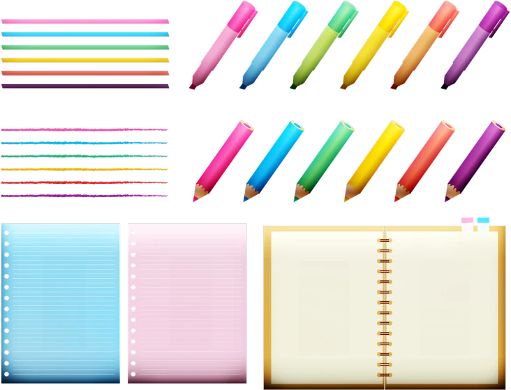 a bunch of different colored pencils next to a notebook, a digital rendering, process art, on a flat color black background, detailed vectorart, transluscent neon, items