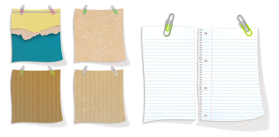 a bunch of papers hanging on a clothes line, a digital rendering, on a flat color black background, holding a clipboard, front back view and side view, found scribbled in a notebook