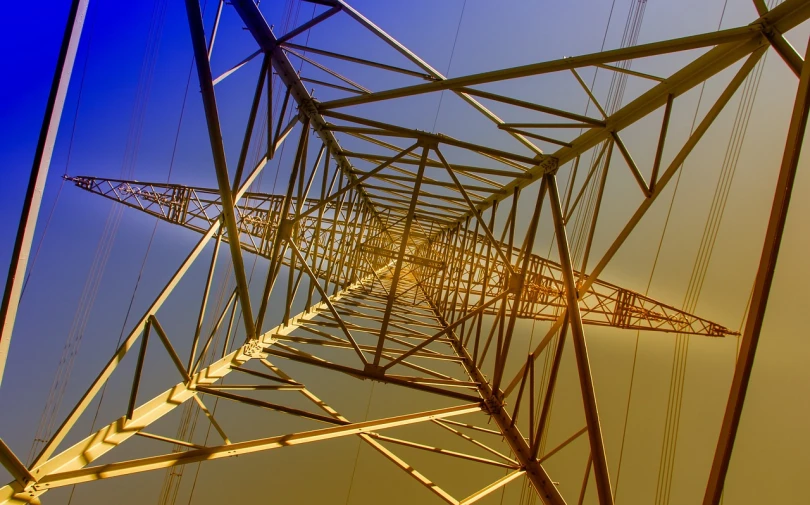 a high voltage tower with a blue sky in the background, a picture, by Thomas Häfner, pexels, hypermodernism, solid color background intricate, multi-dimensional, viewed from the ground, 3 4 5 3 1