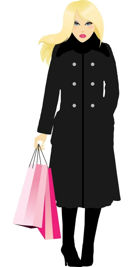 a woman in a black coat holding shopping bags, pixabay, figuration libre, pink accents, long coat, illstration, high res