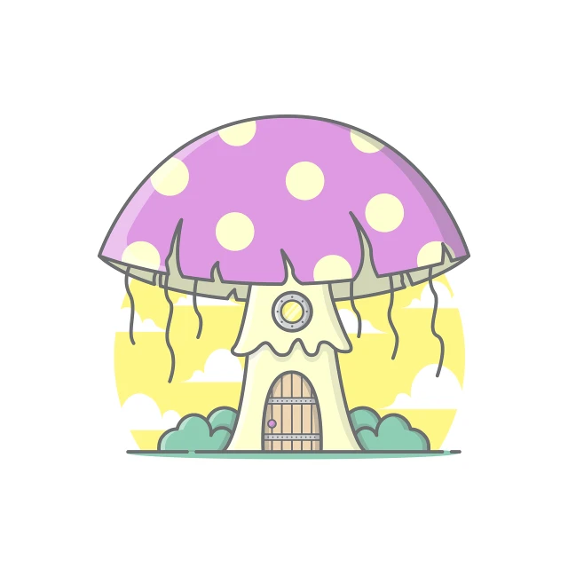 a mushroom house in the middle of a field, a storybook illustration, mingei, clean lineart and flat color, lie on white clouds fairyland, poisonous, temple