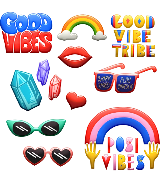 a bunch of stickers that say good vibes, concept art, by Robbie Trevino, 3 d icon for mobile game, roygbiv, bohemian digitals, glossy digital painting
