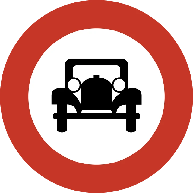 a black and white picture of a car in a red circle, pixabay, traffic signs, edwardian, no gradients, italy