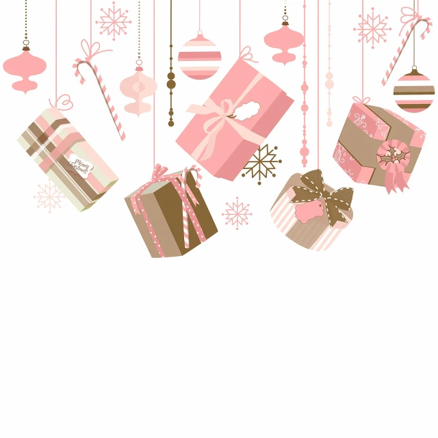 a bunch of christmas presents hanging from the ceiling, concept art, inspired by Peter Alexander Hay, trending on shutterstock, conceptual art, brown and pink color scheme, dribbble illustration, a beautiful artwork illustration, set against a white background