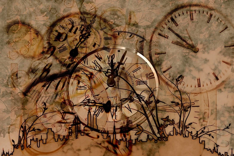 a close up of a clock on a wall, a digital rendering, by Eugeniusz Zak, trending on pixabay, precisionism, multiple exposure, sepia photography, old scientific documents, chaotic composition