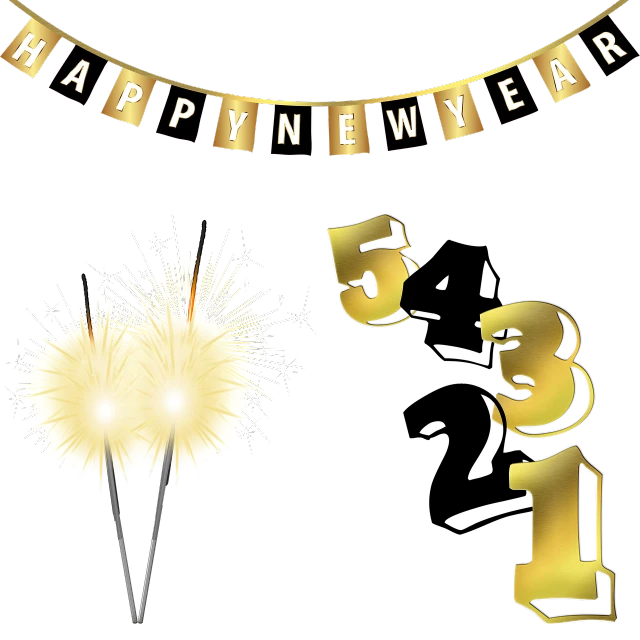 a gold happy new year sign with a sparkler, an illustration of, f11:10, an illustration, graphic illustration, flag