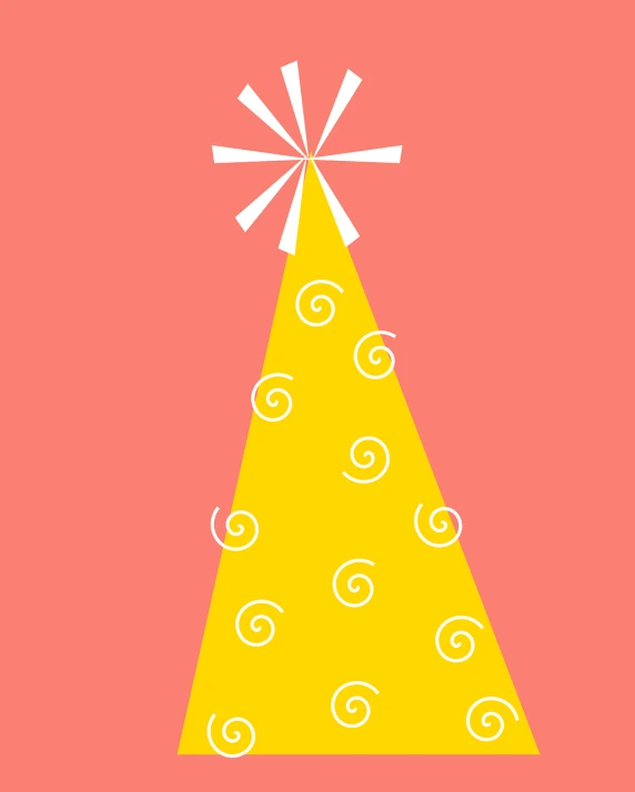 a yellow party hat sitting on top of a table, inspired by Mary Blair, pop art, christmas tree, background image, twirls, pink