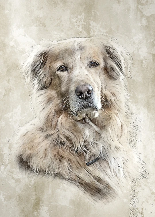 a close up of a dog looking at the camera, a digital painting, digital art, aged, sandy, aussie, watercolor painting style