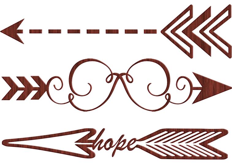 a number of arrows on a black background, inspired by Rodney Joseph Burn, ornate wood, hope, drawn with photoshop, reddish - brown