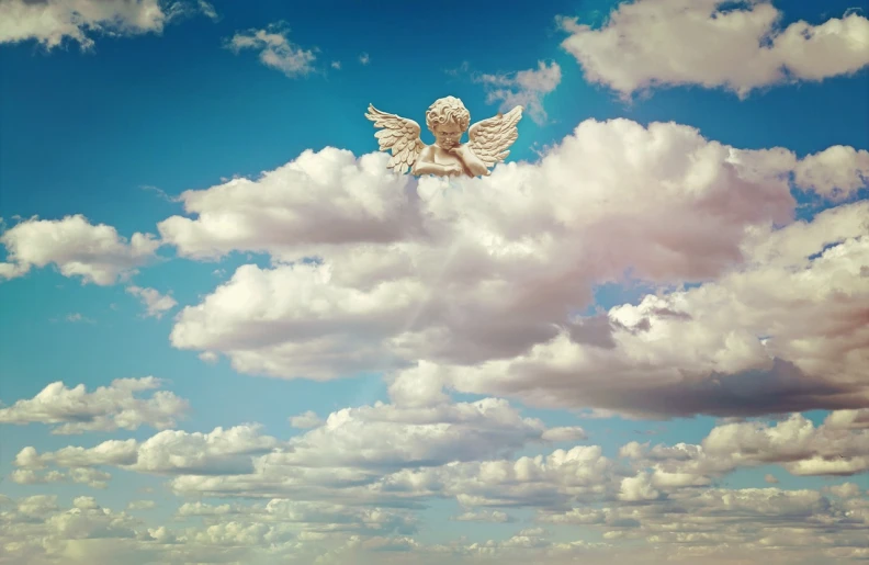 a white bird flying through a cloudy blue sky, a stock photo, by Marie Angel, fine art, cherub, in style of photogrammetry cloud, taylor swift as a heavenly angel, highly detailed saturated