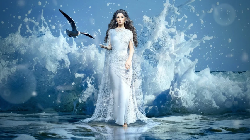a woman in a white dress standing in the ocean, inspired by Liu Haisu, trending on cg society, beautiful ancient frost witch, winter blue drapery, 3 d goddess minerva, mahira khan as a mage
